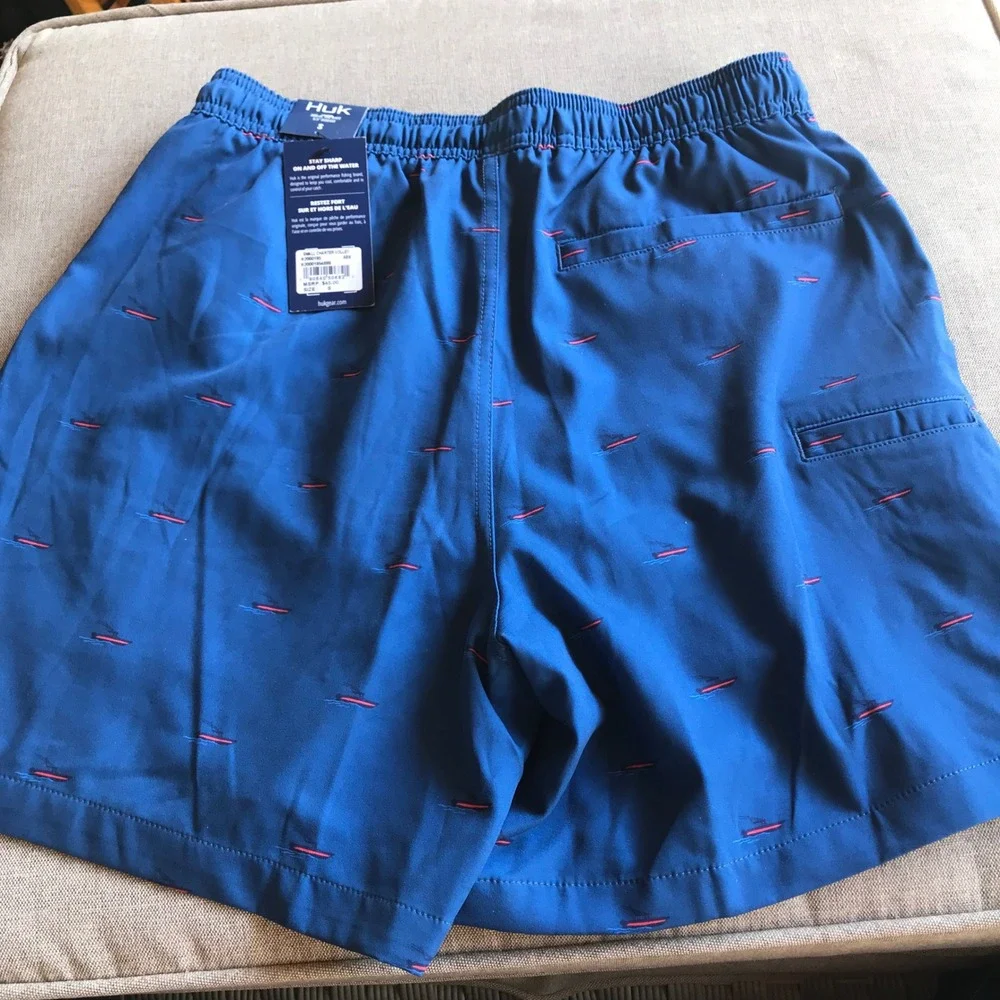 Huk Mens Charter‎ Volley Shorts Blue Boat Print Fishing Swim Trunks Small